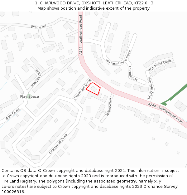 1, CHARLWOOD DRIVE, OXSHOTT, LEATHERHEAD, KT22 0HB: Location map and indicative extent of plot