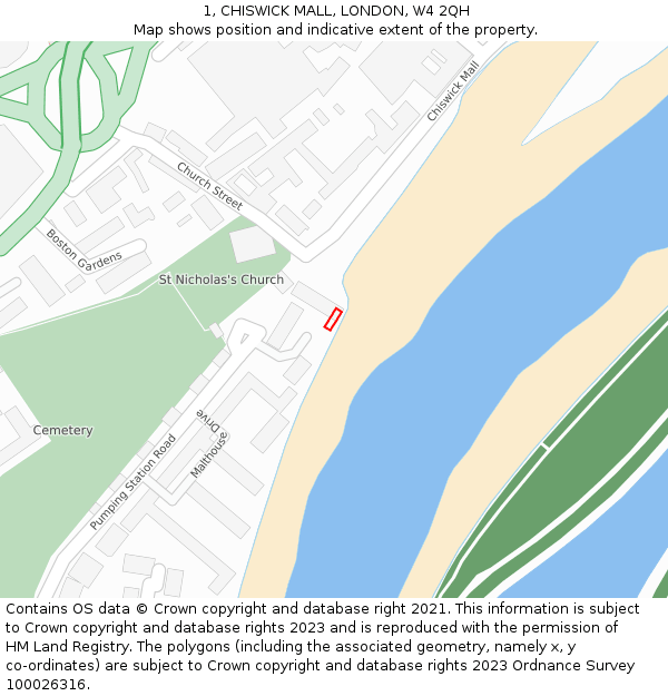 1, CHISWICK MALL, LONDON, W4 2QH: Location map and indicative extent of plot