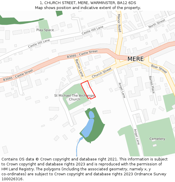 1, CHURCH STREET, MERE, WARMINSTER, BA12 6DS: Location map and indicative extent of plot