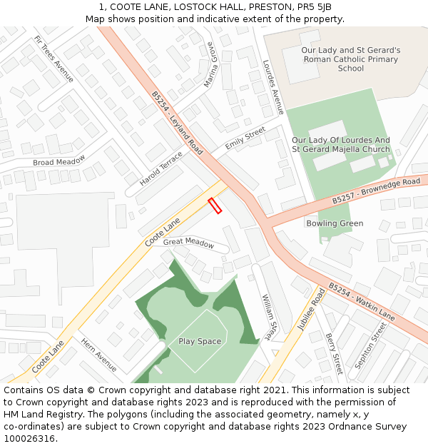 1, COOTE LANE, LOSTOCK HALL, PRESTON, PR5 5JB: Location map and indicative extent of plot