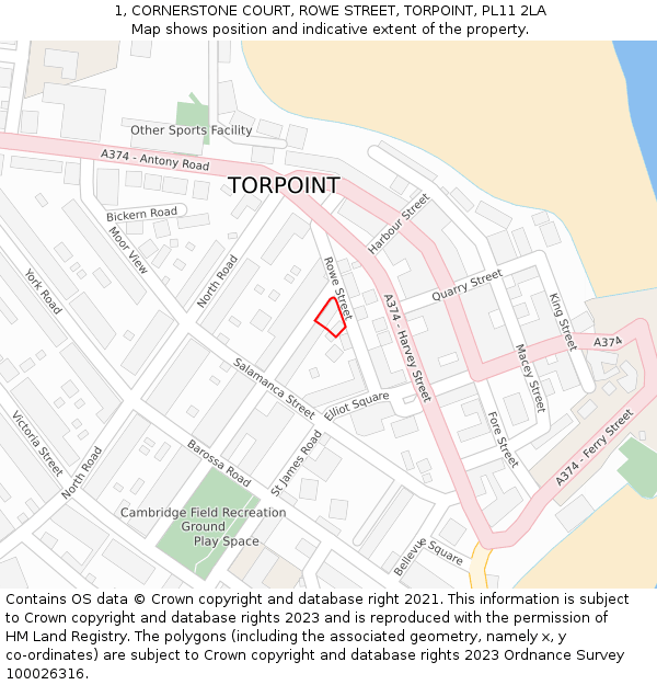 1, CORNERSTONE COURT, ROWE STREET, TORPOINT, PL11 2LA: Location map and indicative extent of plot