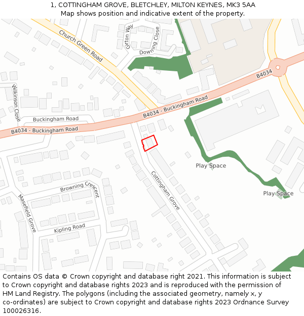 1, COTTINGHAM GROVE, BLETCHLEY, MILTON KEYNES, MK3 5AA: Location map and indicative extent of plot