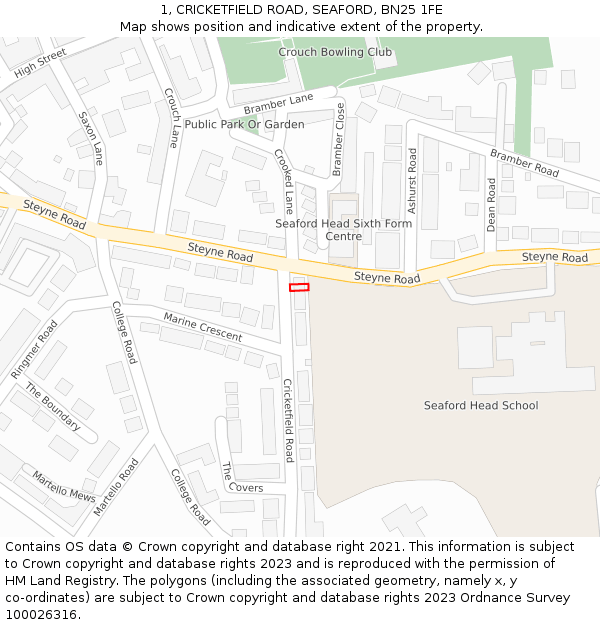 1, CRICKETFIELD ROAD, SEAFORD, BN25 1FE: Location map and indicative extent of plot