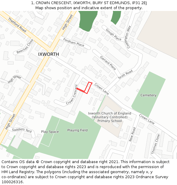 1, CROWN CRESCENT, IXWORTH, BURY ST EDMUNDS, IP31 2EJ: Location map and indicative extent of plot