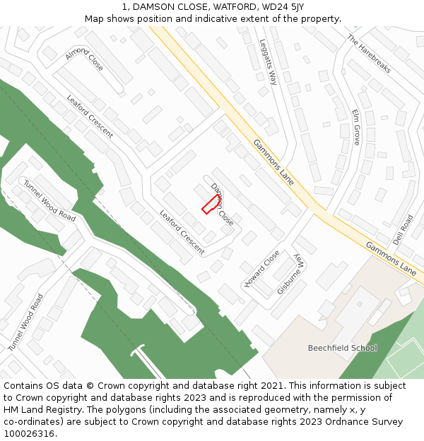 1, DAMSON CLOSE, WATFORD, WD24 5JY: Location map and indicative extent of plot
