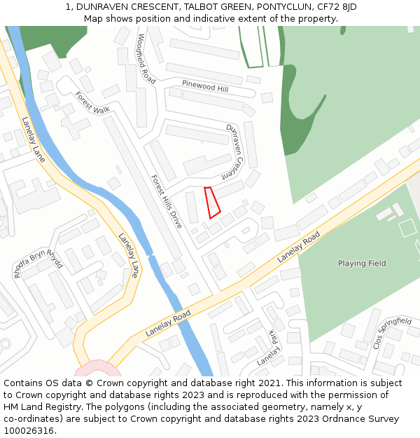 1, DUNRAVEN CRESCENT, TALBOT GREEN, PONTYCLUN, CF72 8JD: Location map and indicative extent of plot