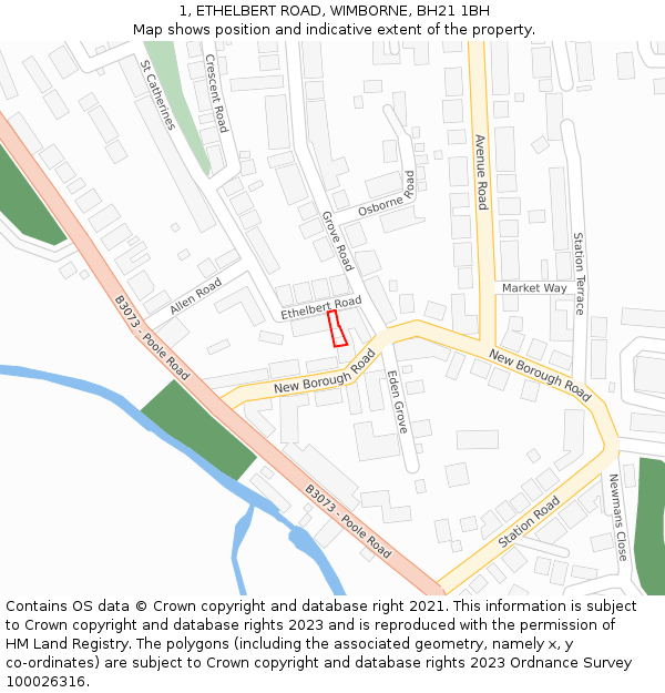 1, ETHELBERT ROAD, WIMBORNE, BH21 1BH: Location map and indicative extent of plot