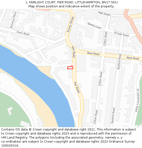 1, FAIRLIGHT COURT, PIER ROAD, LITTLEHAMPTON, BN17 5DU: Location map and indicative extent of plot