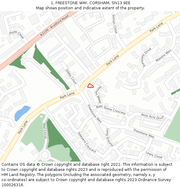 1, FREESTONE WAY, CORSHAM, SN13 9EE: Location map and indicative extent of plot