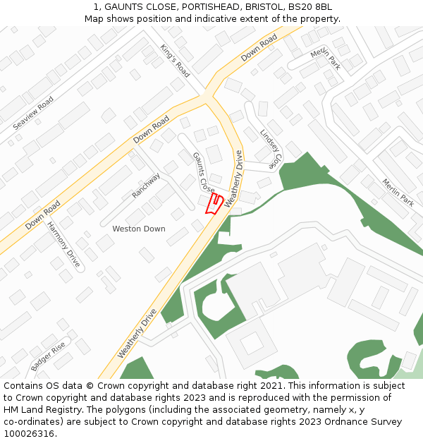 1, GAUNTS CLOSE, PORTISHEAD, BRISTOL, BS20 8BL: Location map and indicative extent of plot