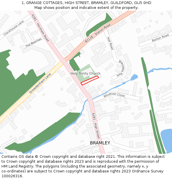 1, GRANGE COTTAGES, HIGH STREET, BRAMLEY, GUILDFORD, GU5 0HD: Location map and indicative extent of plot