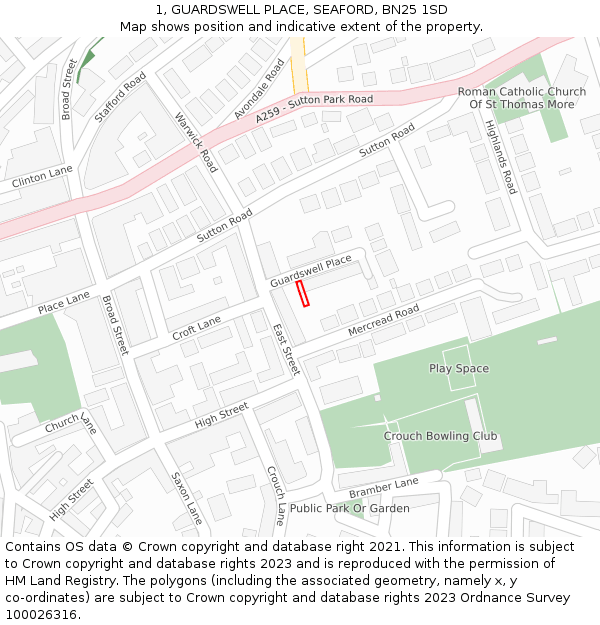1, GUARDSWELL PLACE, SEAFORD, BN25 1SD: Location map and indicative extent of plot