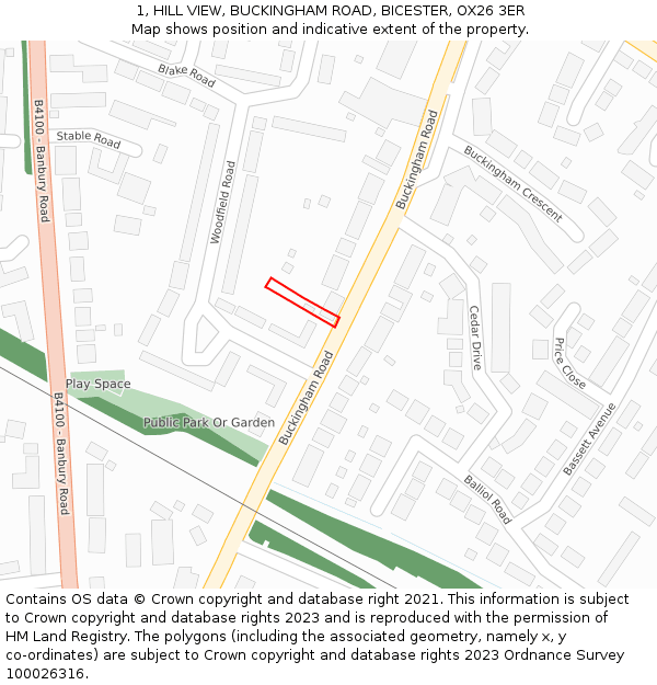 1, HILL VIEW, BUCKINGHAM ROAD, BICESTER, OX26 3ER: Location map and indicative extent of plot