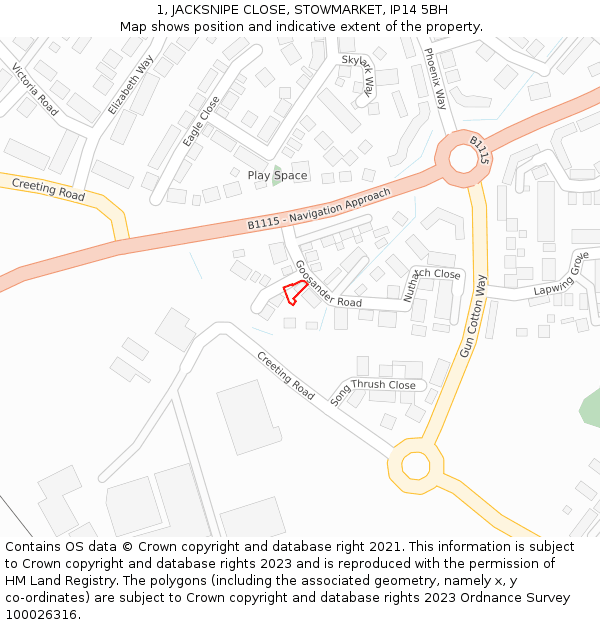 1, JACKSNIPE CLOSE, STOWMARKET, IP14 5BH: Location map and indicative extent of plot