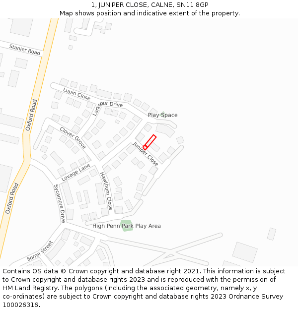 1, JUNIPER CLOSE, CALNE, SN11 8GP: Location map and indicative extent of plot