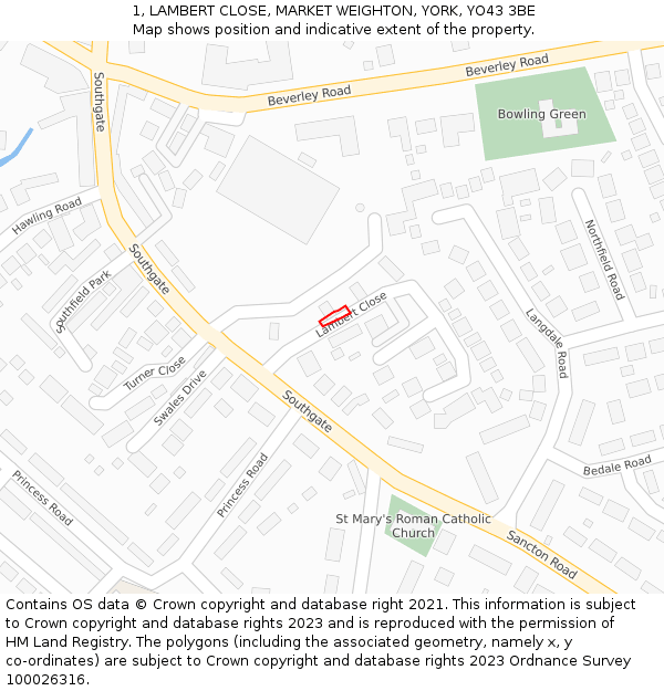 1, LAMBERT CLOSE, MARKET WEIGHTON, YORK, YO43 3BE: Location map and indicative extent of plot
