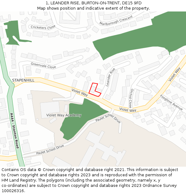1, LEANDER RISE, BURTON-ON-TRENT, DE15 9FD: Location map and indicative extent of plot