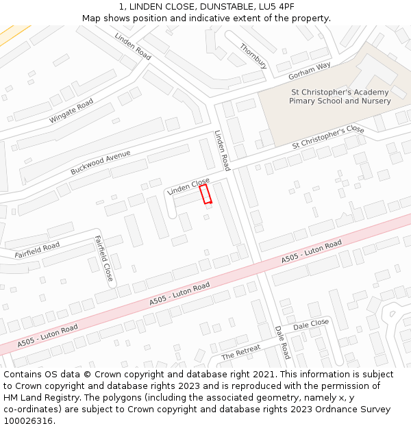 1, LINDEN CLOSE, DUNSTABLE, LU5 4PF: Location map and indicative extent of plot