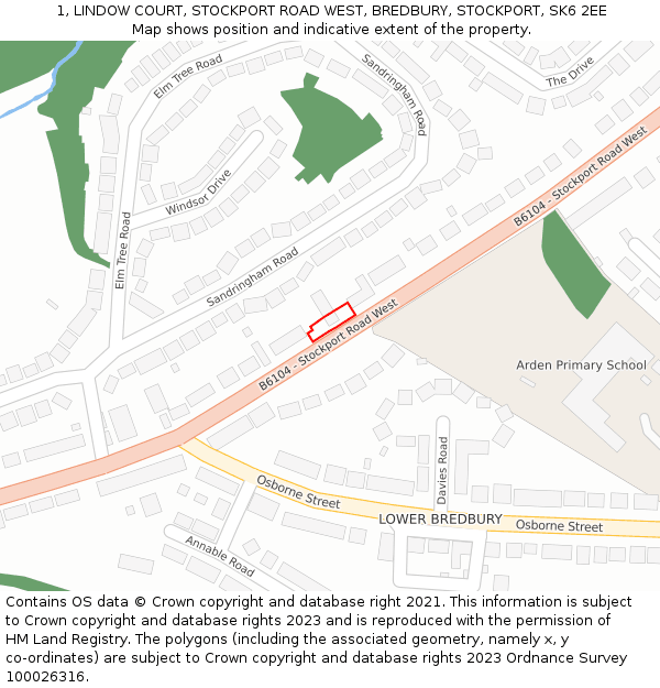 1, LINDOW COURT, STOCKPORT ROAD WEST, BREDBURY, STOCKPORT, SK6 2EE: Location map and indicative extent of plot