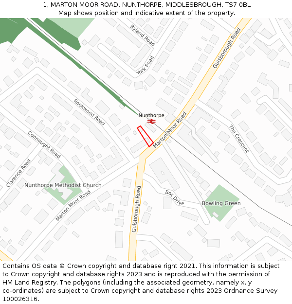 1, MARTON MOOR ROAD, NUNTHORPE, MIDDLESBROUGH, TS7 0BL: Location map and indicative extent of plot