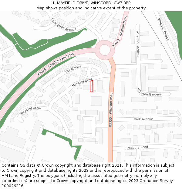 1, MAYFIELD DRIVE, WINSFORD, CW7 3RP: Location map and indicative extent of plot