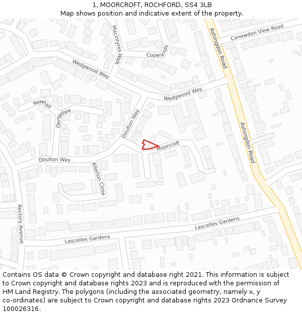1, MOORCROFT, ROCHFORD, SS4 3LB: Location map and indicative extent of plot