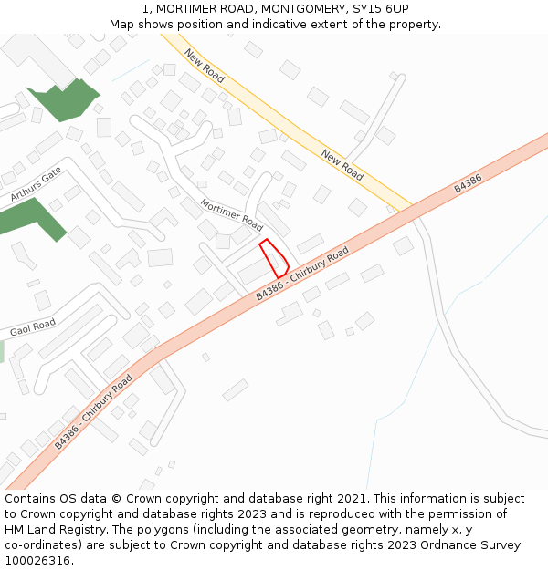 1, MORTIMER ROAD, MONTGOMERY, SY15 6UP: Location map and indicative extent of plot