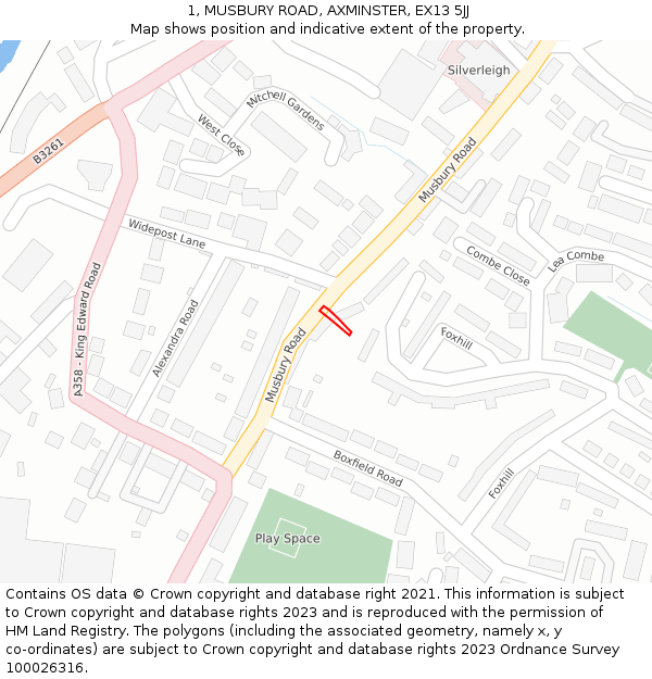 1, MUSBURY ROAD, AXMINSTER, EX13 5JJ: Location map and indicative extent of plot