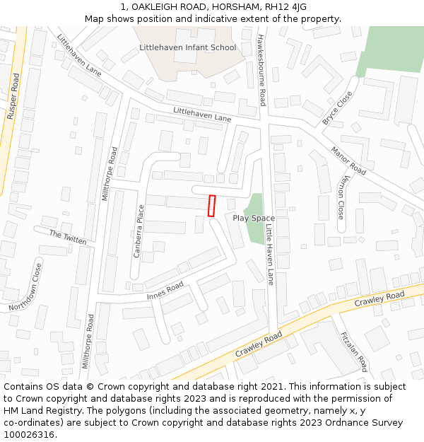 1, OAKLEIGH ROAD, HORSHAM, RH12 4JG: Location map and indicative extent of plot