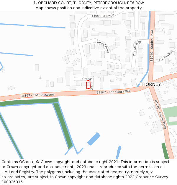 1, ORCHARD COURT, THORNEY, PETERBOROUGH, PE6 0QW: Location map and indicative extent of plot