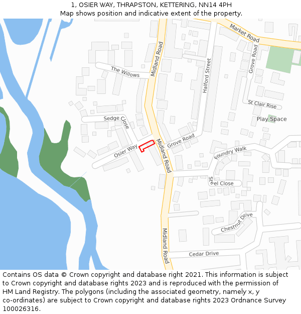 1, OSIER WAY, THRAPSTON, KETTERING, NN14 4PH: Location map and indicative extent of plot