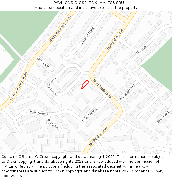 1, PAVILIONS CLOSE, BRIXHAM, TQ5 8BU: Location map and indicative extent of plot