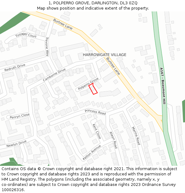 1, POLPERRO GROVE, DARLINGTON, DL3 0ZQ: Location map and indicative extent of plot