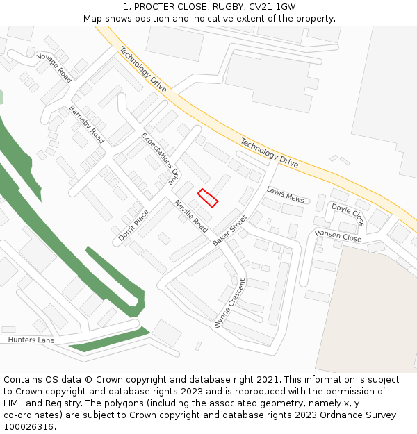 1, PROCTER CLOSE, RUGBY, CV21 1GW: Location map and indicative extent of plot