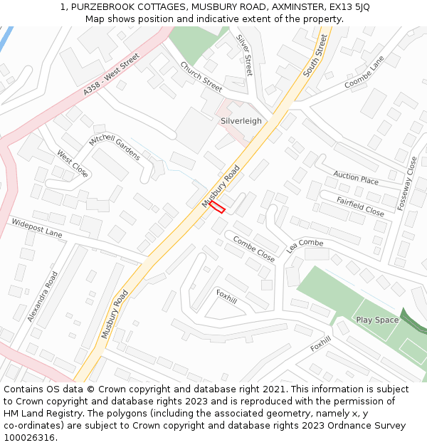 1, PURZEBROOK COTTAGES, MUSBURY ROAD, AXMINSTER, EX13 5JQ: Location map and indicative extent of plot