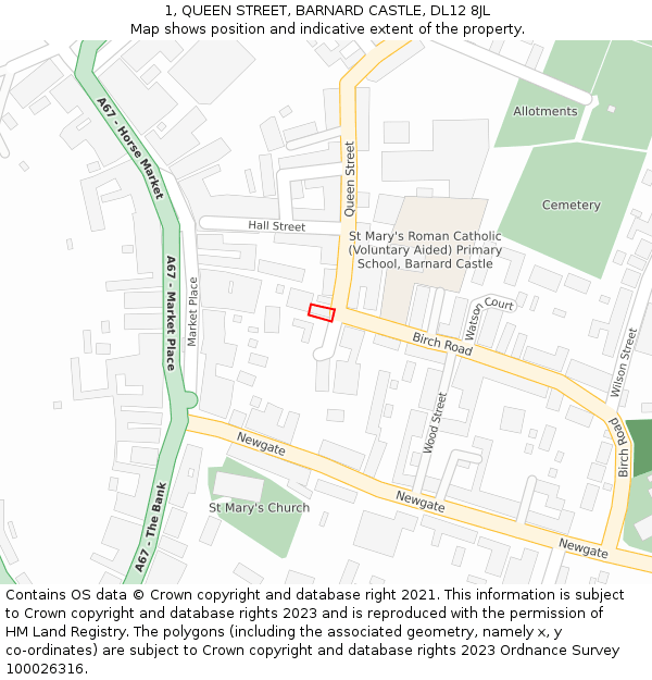 1, QUEEN STREET, BARNARD CASTLE, DL12 8JL: Location map and indicative extent of plot