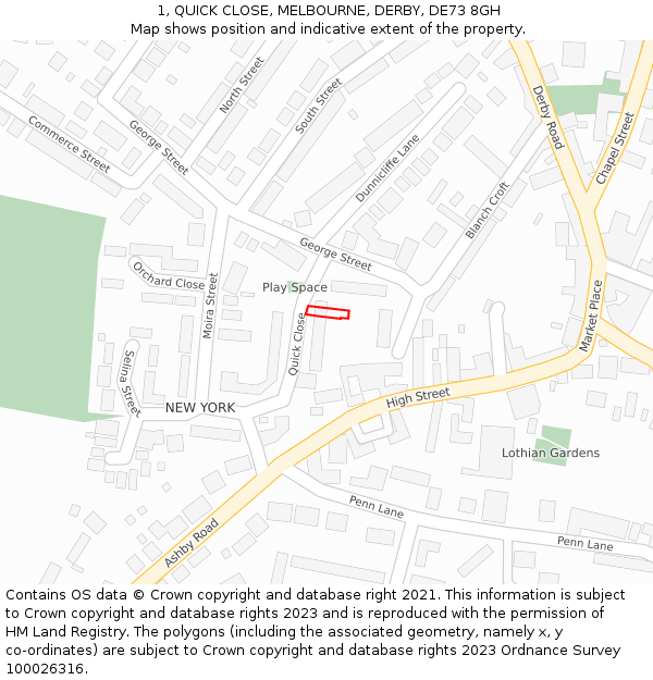 1, QUICK CLOSE, MELBOURNE, DERBY, DE73 8GH: Location map and indicative extent of plot