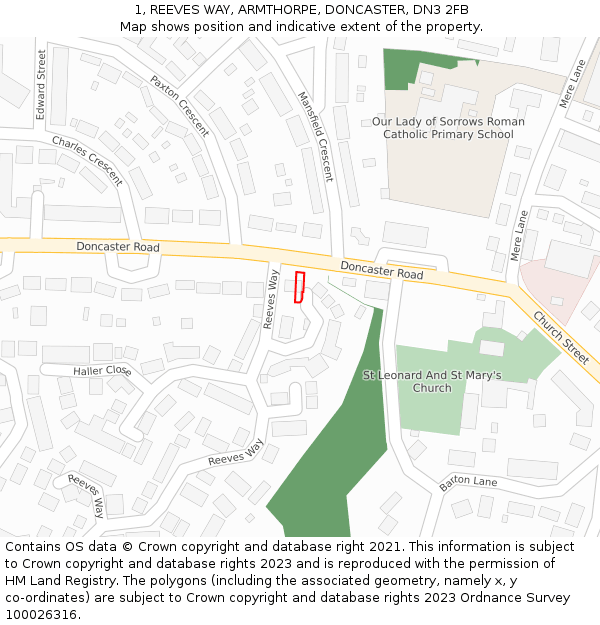 1, REEVES WAY, ARMTHORPE, DONCASTER, DN3 2FB: Location map and indicative extent of plot