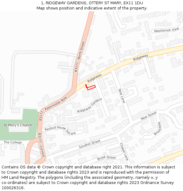 1, RIDGEWAY GARDENS, OTTERY ST MARY, EX11 1DU: Location map and indicative extent of plot