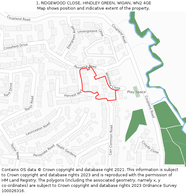 1, RIDGEWOOD CLOSE, HINDLEY GREEN, WIGAN, WN2 4GE: Location map and indicative extent of plot