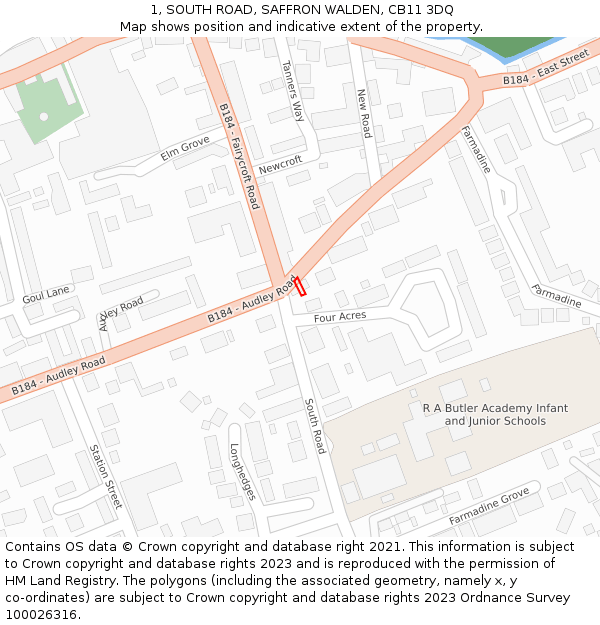 1, SOUTH ROAD, SAFFRON WALDEN, CB11 3DQ: Location map and indicative extent of plot