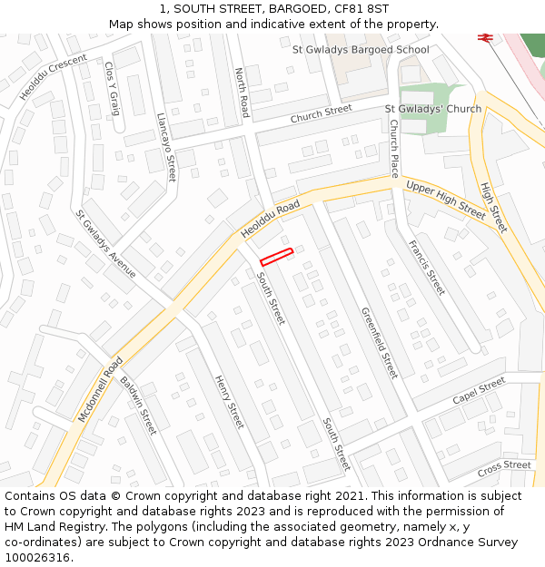 1, SOUTH STREET, BARGOED, CF81 8ST: Location map and indicative extent of plot