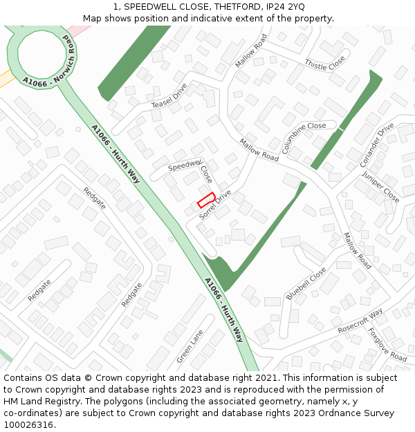 1, SPEEDWELL CLOSE, THETFORD, IP24 2YQ: Location map and indicative extent of plot