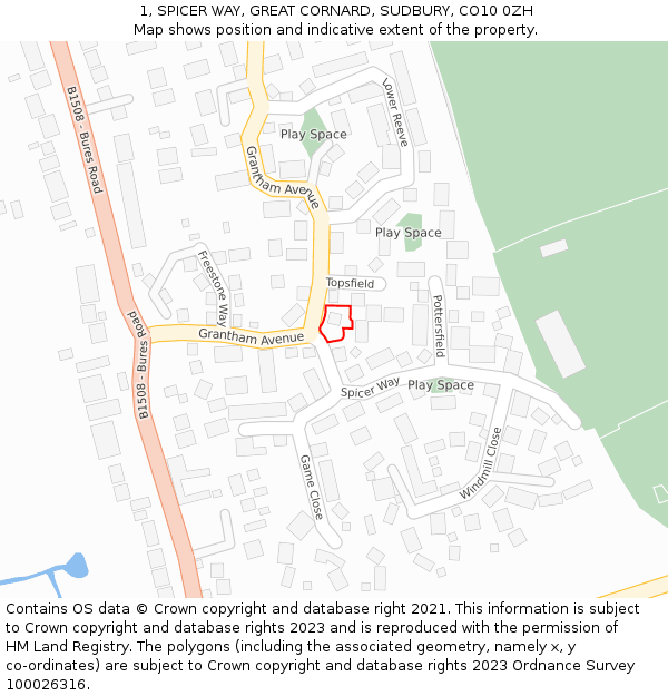 1, SPICER WAY, GREAT CORNARD, SUDBURY, CO10 0ZH: Location map and indicative extent of plot
