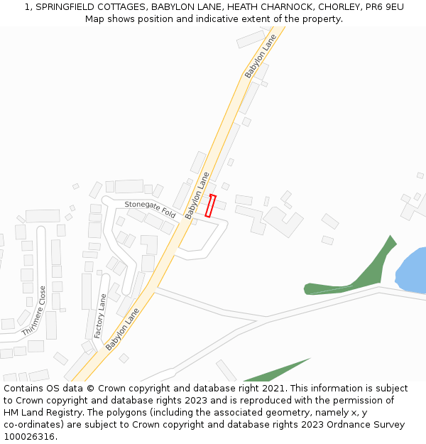 1, SPRINGFIELD COTTAGES, BABYLON LANE, HEATH CHARNOCK, CHORLEY, PR6 9EU: Location map and indicative extent of plot