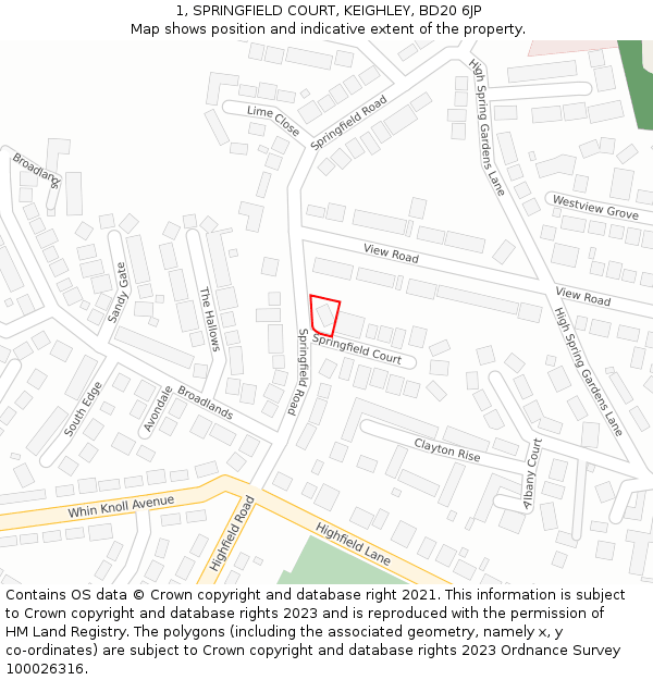 1, SPRINGFIELD COURT, KEIGHLEY, BD20 6JP: Location map and indicative extent of plot