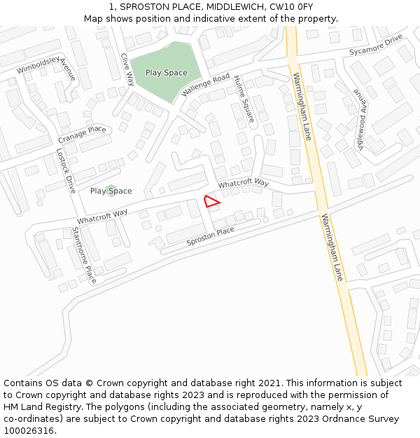 1, SPROSTON PLACE, MIDDLEWICH, CW10 0FY: Location map and indicative extent of plot