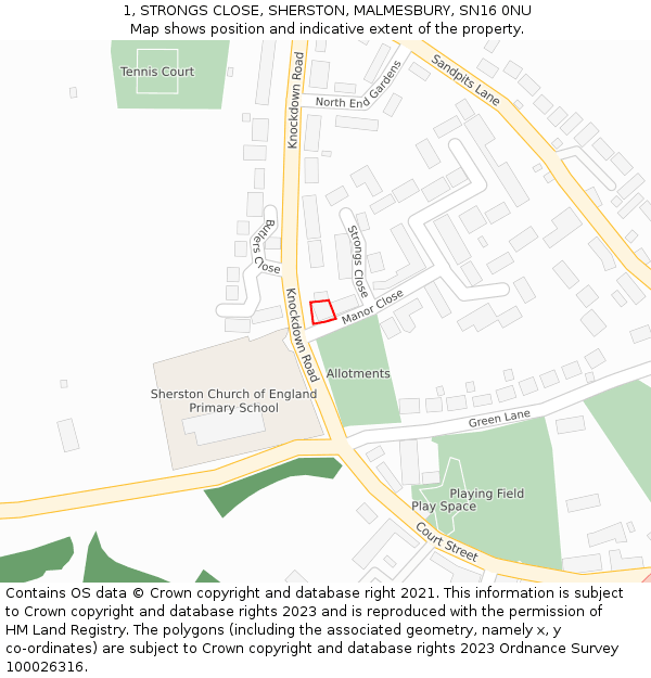 1, STRONGS CLOSE, SHERSTON, MALMESBURY, SN16 0NU: Location map and indicative extent of plot