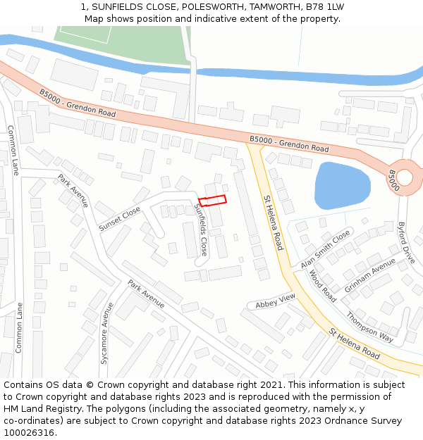 1, SUNFIELDS CLOSE, POLESWORTH, TAMWORTH, B78 1LW: Location map and indicative extent of plot