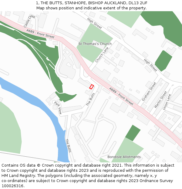 1, THE BUTTS, STANHOPE, BISHOP AUCKLAND, DL13 2UF: Location map and indicative extent of plot